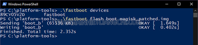 Tiếp theo nhập vào lệnh fastboot flash boot magisk_pished.img